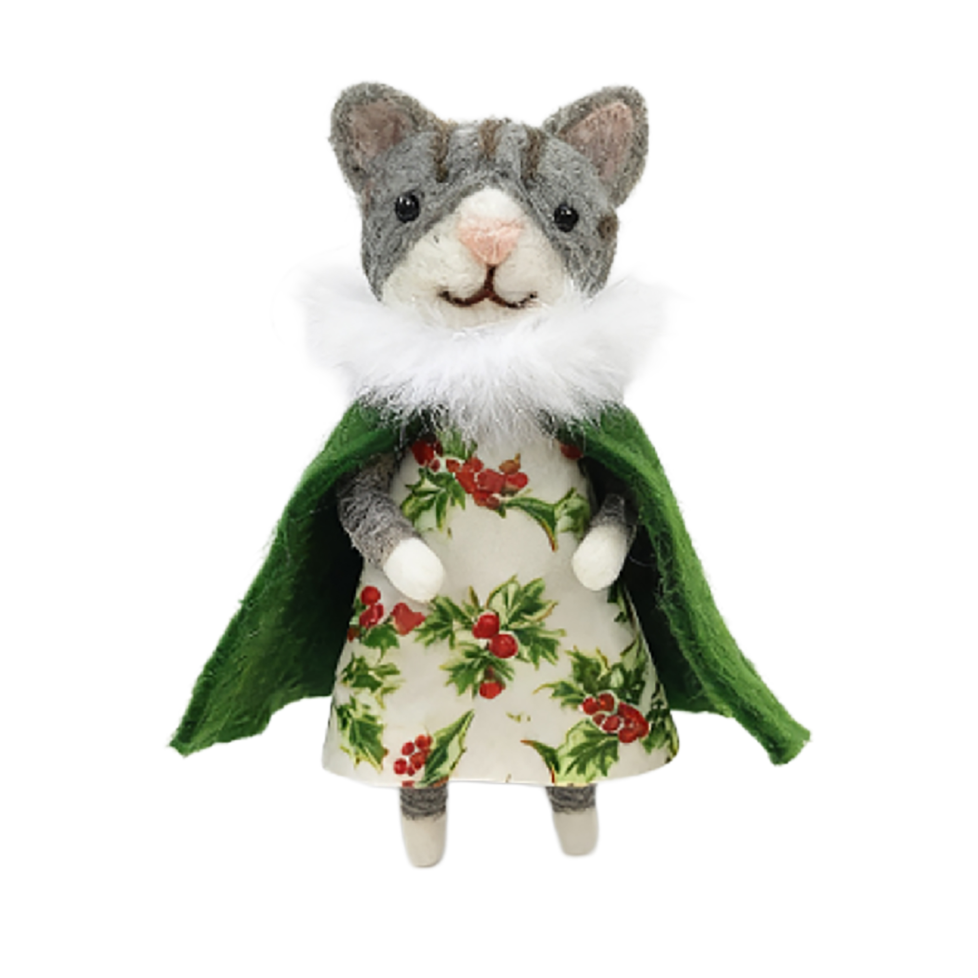 ORN WOOL CAT 3.5"X5" GREEN CLOAK W/HOLLY PRINT DRESS & PINK NOSE