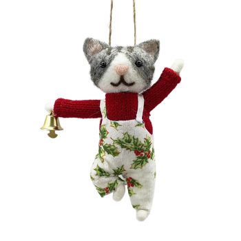 ORN WOOL CAT 4"X5" RED SWEATER W/OVERALLS