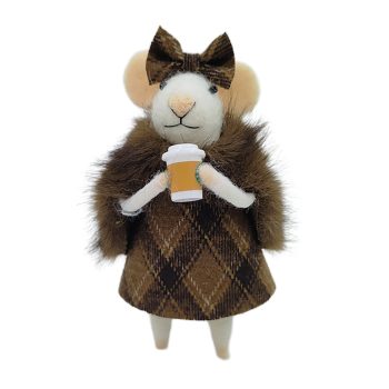 ORN WOOL MOUSE 2.5"X5" W/BROWN COAT AND COFFEE CUP