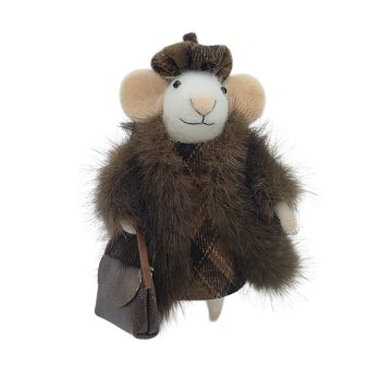 ORN WOOL MOUSE 3"X5" W/BROWN COAT AND HAND BAG