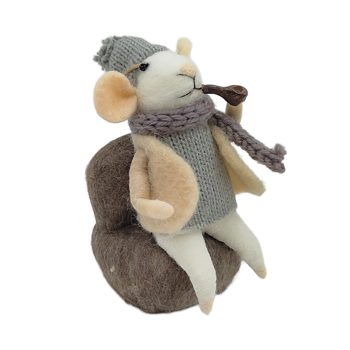 ORN WOOL MOUSE 3"X4.5" BEIGE ON SOFA W/PIPE