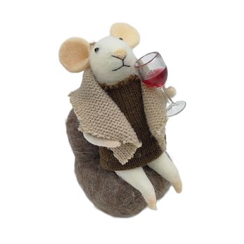 ORN WOOL MOUSE 3"X5" BROWN ON SOFA WITH WINE