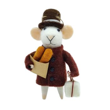 ORN WOOL MOUSE 3"X5" BROWN WITH BAG OF BAGUETTES