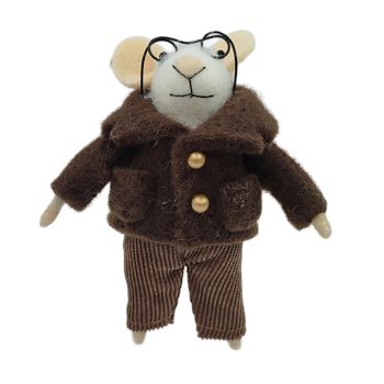 ORN WOOL MOUSE 4"X5" BROWN WITH BACKBAG AND EYEGLASSES