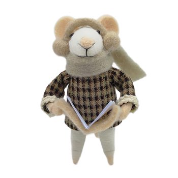 ORN WOOL MOUSE 3"X4.5" BEIGE WITH BOOK