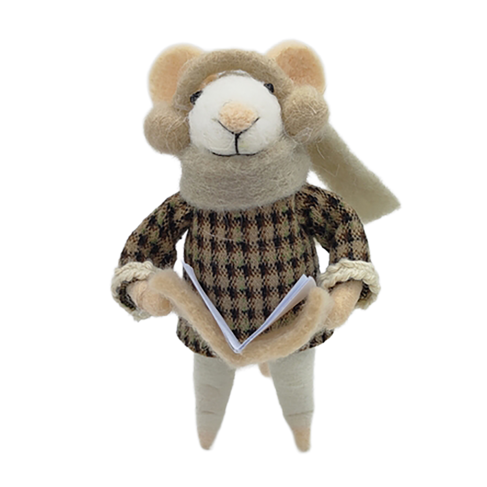 ORN WOOL MOUSE 3"X4.5" BEIGE WITH BOOK