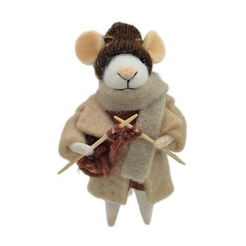 ORN WOOL MOUSE 3"X5" BEIGE WITH SCARF KNITTING