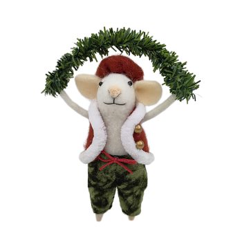 ORN WOOL MOUSE 4"X5.5" GREEN/RED W/GARLAND