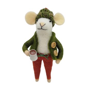 ORN WOOL MOUSE 2.5"X5" GREEN/RED W/COFFEE