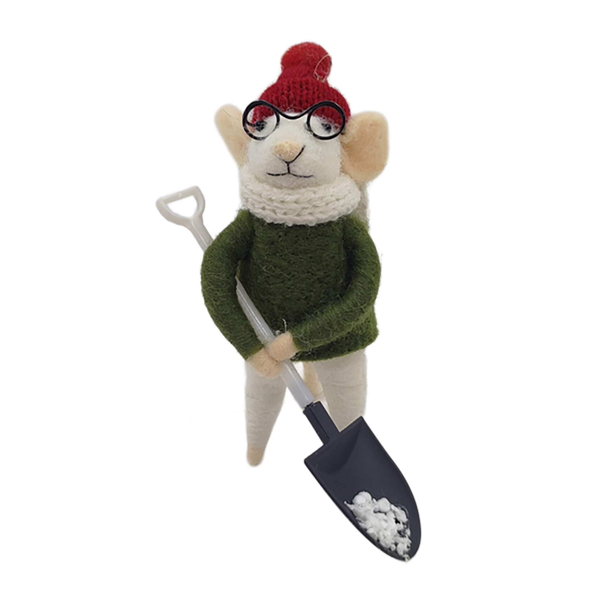 ORN WOOL MOUSE 2"X5" GREEN SWEATER W/ SHOVEL