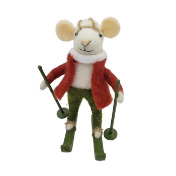 ORN WOOL MOUSE 3.5"X5" RED COAT SKIING