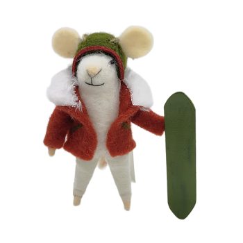 ORN WOOL MOUSE 4"X5" RED COAT SNOW BOARDING