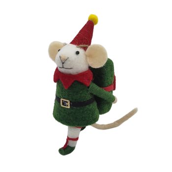 ORN WOOL MOUSE 3"X5" GREEN WITH ELF SUIT AND BACKPACK