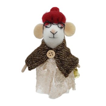 ORN WOOL MOUSE 3"X5" BROWN SHAWL AND RED HAT