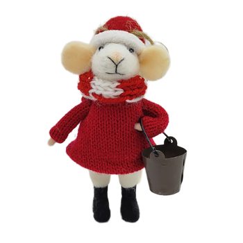 ORN WOOL MOUSE 3"X5" RED DRESS W/BUCKET