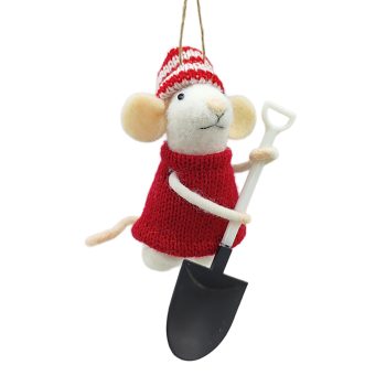 ORN WOOL MOUSE 2"X4" RED OUTFIT W/SHOVEL