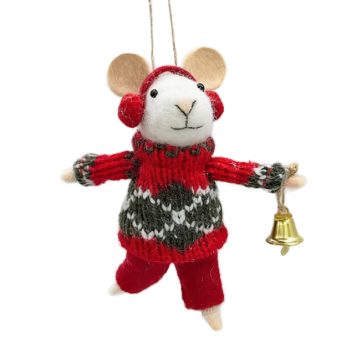 ORN WOOL MOUSE 4.5"X5" RED SWEATER W/BELL