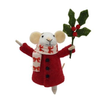 ORN WOOL MOUSE 4.5"X4.5" RED COAT W/HOLLY