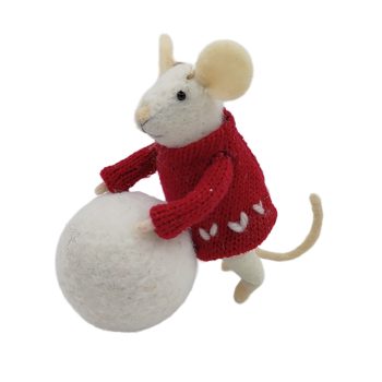 ORN WOOL MOUSE 3.5"X4.5" RED COAT W SNOWBALL