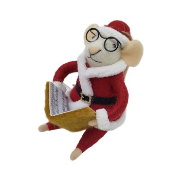 ORN WOOL MOUSE 3"X3.5" RED SANTA SUIT WITH BOOK