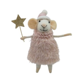 ORN WOOL MOUSE 4"X5" PINK DRESS WITH STAR