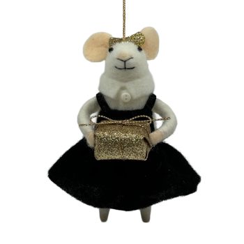ORN WOOL MOUSE 4"X5" BLACK DRESS WITH GIFT
