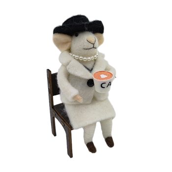 ORN WOOL MOUSE 2.5"X5.5" WHITE COAT SITTING WITH COFFEE