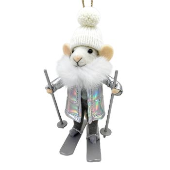 ORN WOOL MOUSE 4"X5" GREY/SILVER OUTFIT SKIING