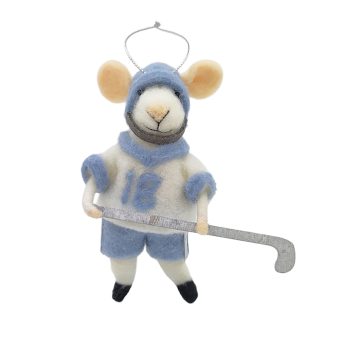 ORN WOOL MOUSE 4"X5" BLUE SWEATER PLAYING HOCKEY