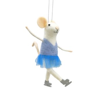 ORN WOOL MOUSE 4"X5.5" BLUE DRESS SKATING