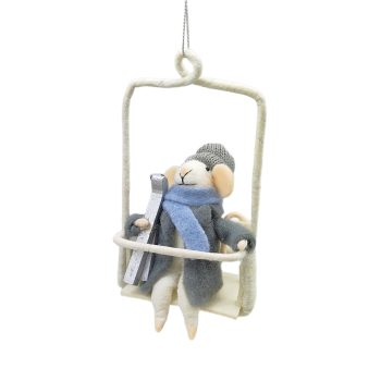 ORN WOOL MOUSE 3.5"X6.5" GREY ON CHAIR LIFT W/SKIES