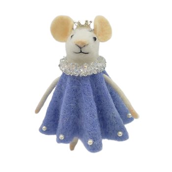 ORN WOOL MOUSE 3"X4.5" BLUE DRESS W/CROWN