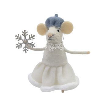 ORN WOOL MOUSE 4"X5.5" WHITE DRESS W/SNOWFLAKE