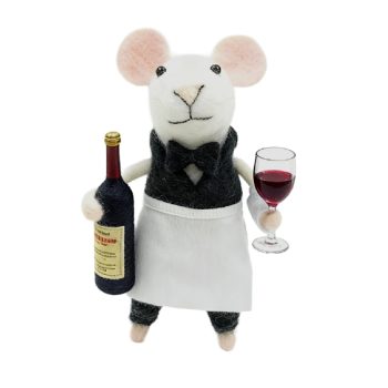ORN WOOL MOUSE 2.5"X4.5" WHITE APRON WITH WINE BOTTLE AND WINE GLASS