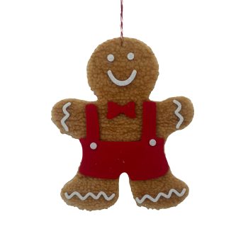 ORN FABRIC GINGERBREAD BOY 9.5" RED OVERALL BROWN/RED