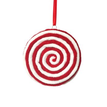 ORN FABRIC DISC SWIRL CANDY 4" RED/WHITE FURRY