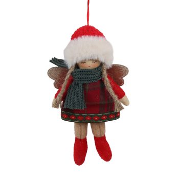 ORN FABRIC ANGEL DOLL 5"X9" RED HAT/GREEN SCARF