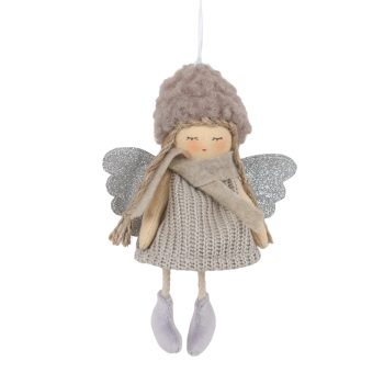 ORN FABRIC ANGEL/DOLL 5"X9" GREY W/BROWN HAT