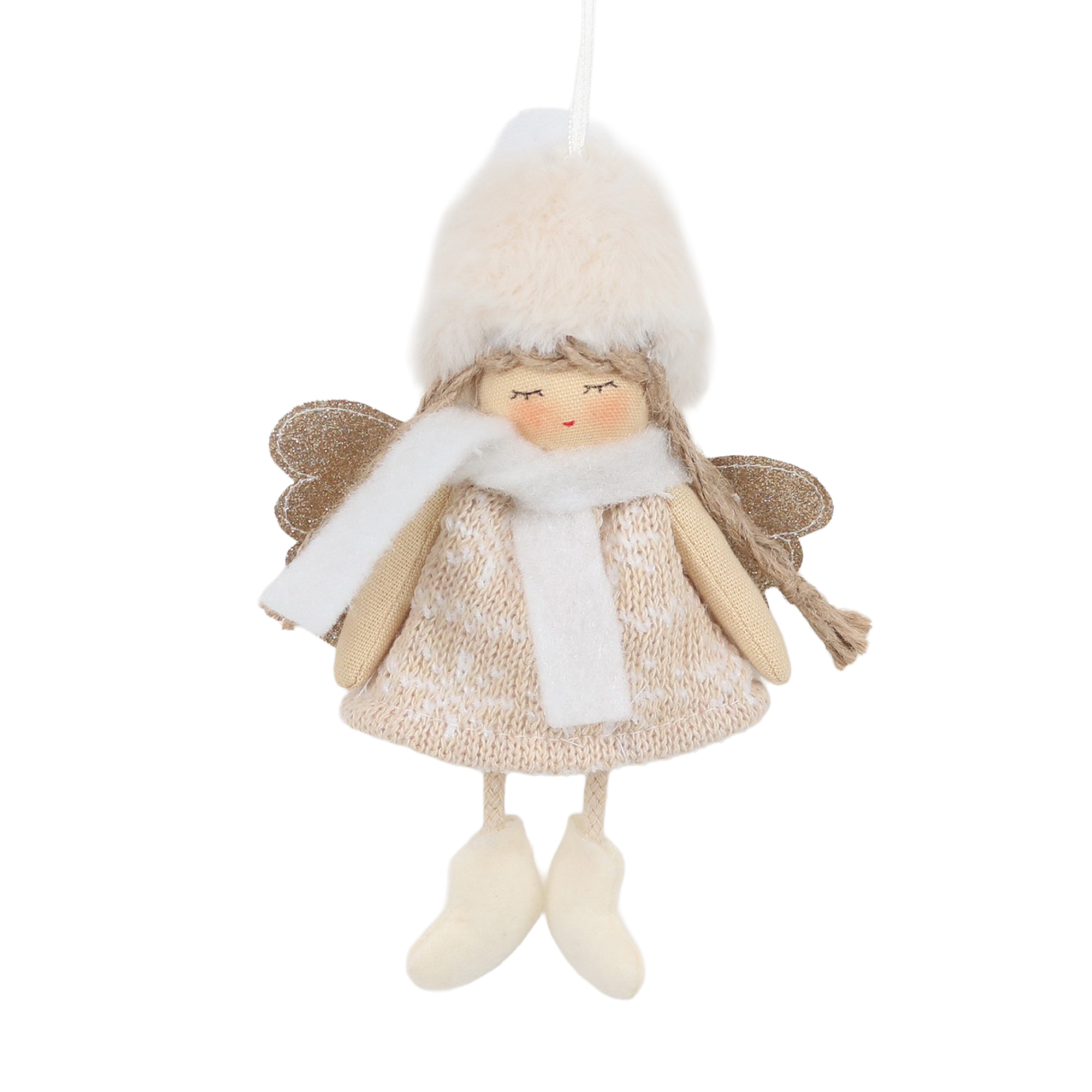 ORN FABRIC ANGEL/DOLL 5"X9" LIGHT PINK DRESS/BEIGE HAT W/HANGER