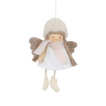 ORN FABRIC ANGEL/DOLL 5"X9" WHITE DRESS /BEIGE HAT