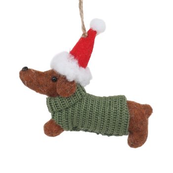 ORN FABRIC DOG 5"X4" BROWN W/GREEN SWEATER AND RED SANTA HAT W/HANGER