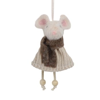 ORN FABRIC MOUSE 4"X6" BEIGE DRESS W/BROWN SCARF