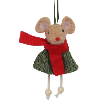 ORN FABRIC MOUSE 4"X6" GREEN DRESS/RED SCARF