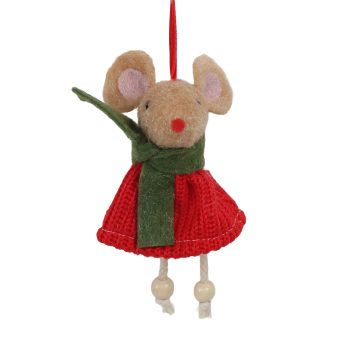 ORN FABRIC MOUSE 4"X6" RED DRESS/GREEN SCARF