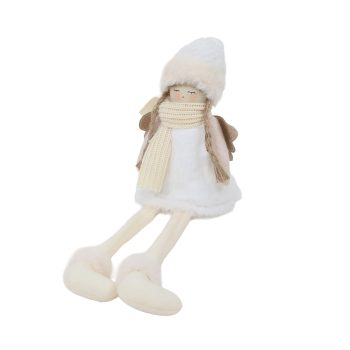 ORN FABRIC SITTING ANGEL/DOLL 5"X3" WHITE DRESS/BEIGE SCARF W/HANGER