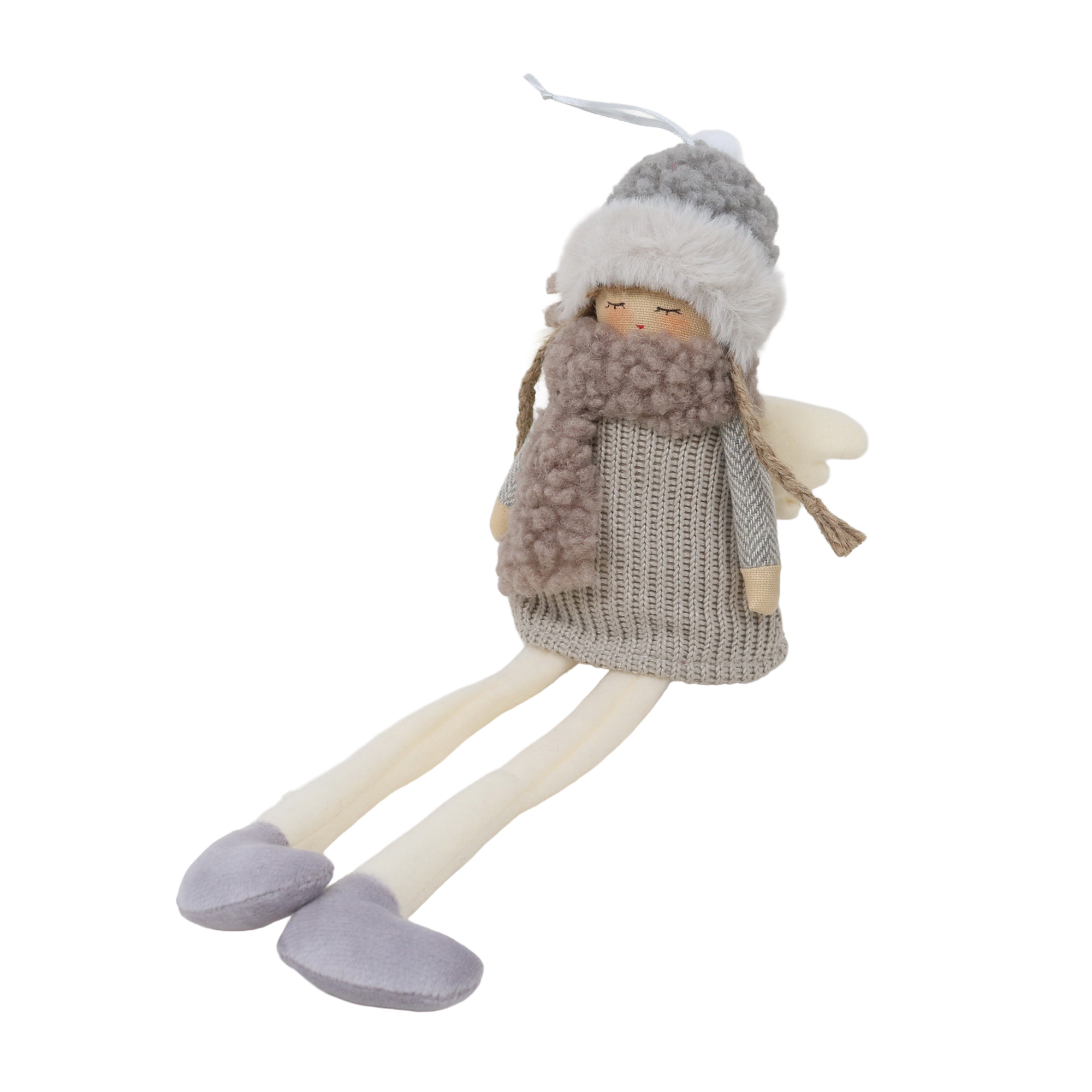 ORN FABRIC SITTING ANGEL/DOLL 5"X15" GREY W/BRWON SCARF W/HANGER