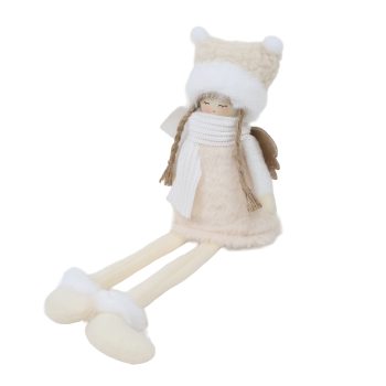 ORN FABRIC SITTING ANGEL/DOLL 5"X3" BEIGE DRESS/WHITE SCARF W/HANGER