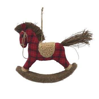 ORN FABRIC ROCKING HORSE 7"X7" RED /BROWN/BLACK