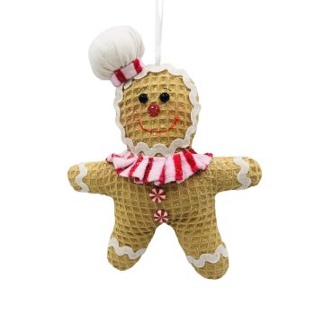ORN GINGERBREAD BOY CHEF 6"X7" BROWN /RED/WHITE WAFFLE FABRIC
