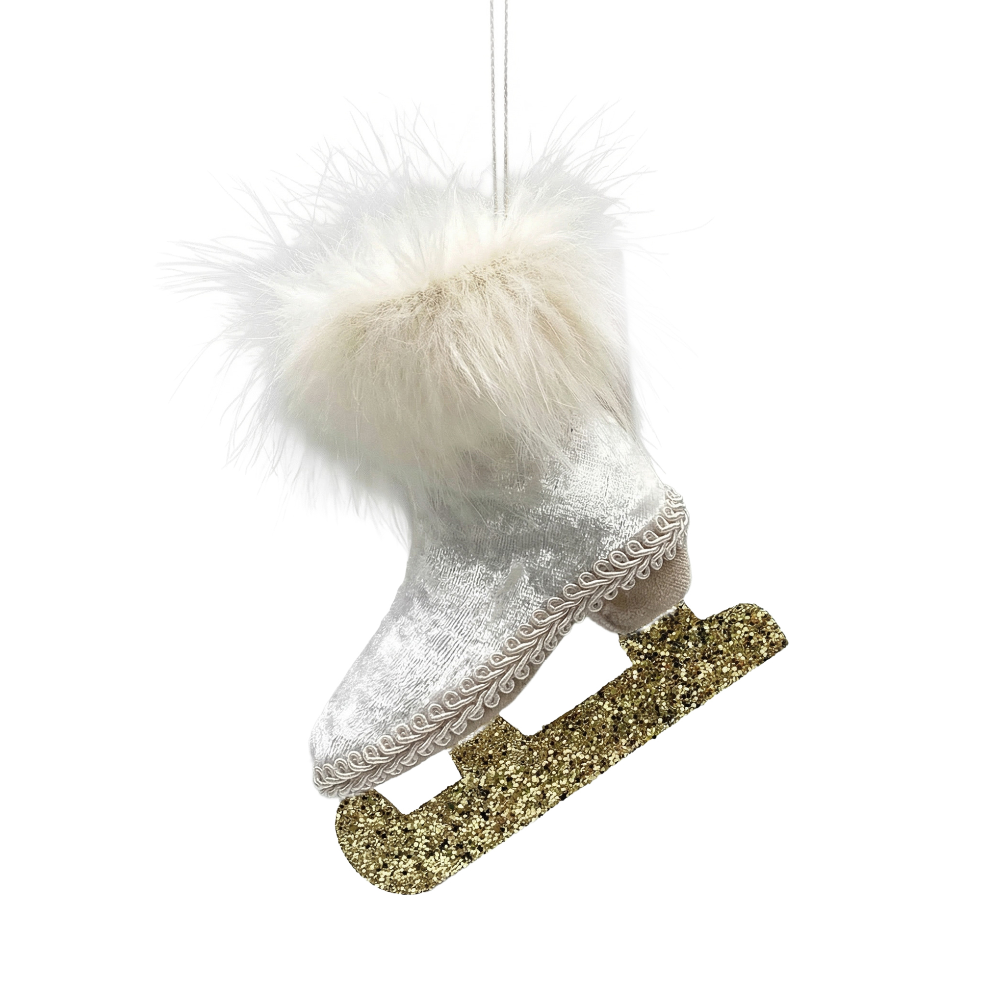 ORN FABRIC ICE SKATES ORN 4"X5" WHITE VELVET/FUR